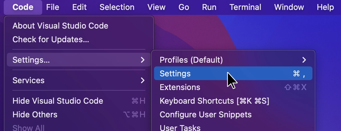 a screenshot of the Visual Studio Code menu