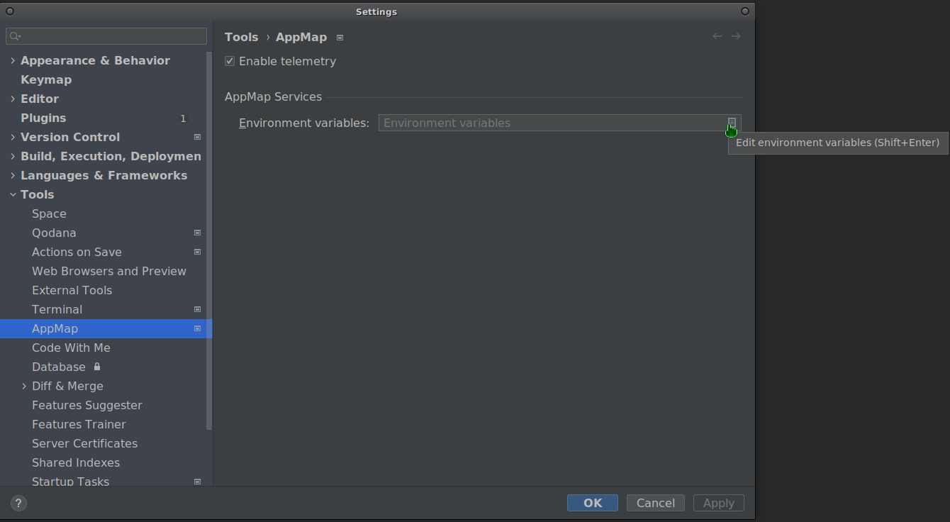 a screenshot of the entering the AppMap environment editor in IntelliJ