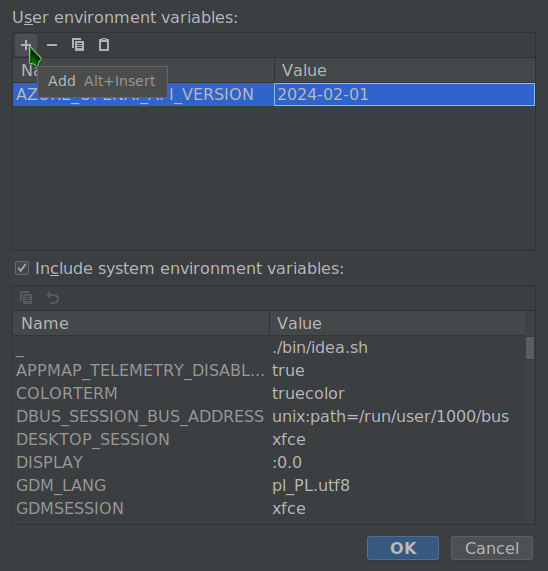 a screenshot of the environment editor in IntelliJ