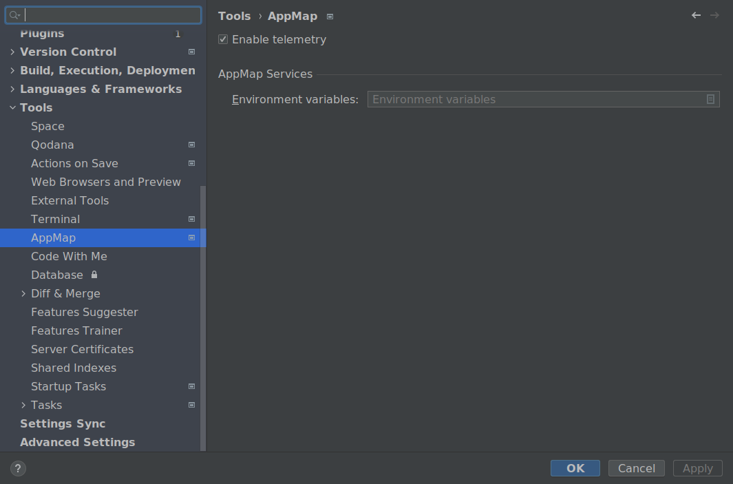 a screenshot of the AppMap settings in IntelliJ