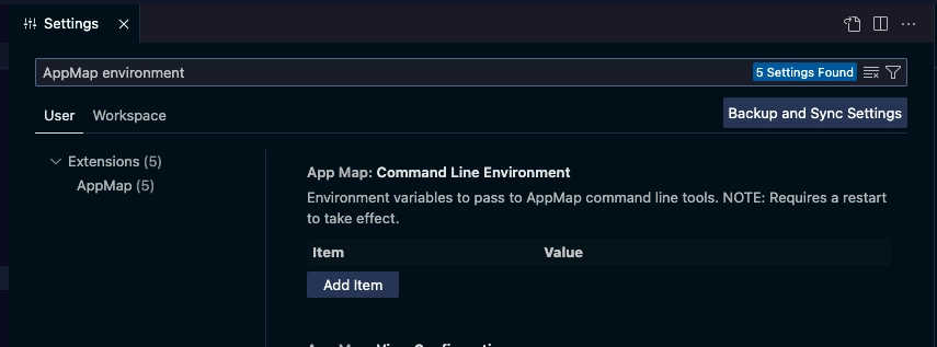 a screenshot of the AppMap: Command Line Environment settings section