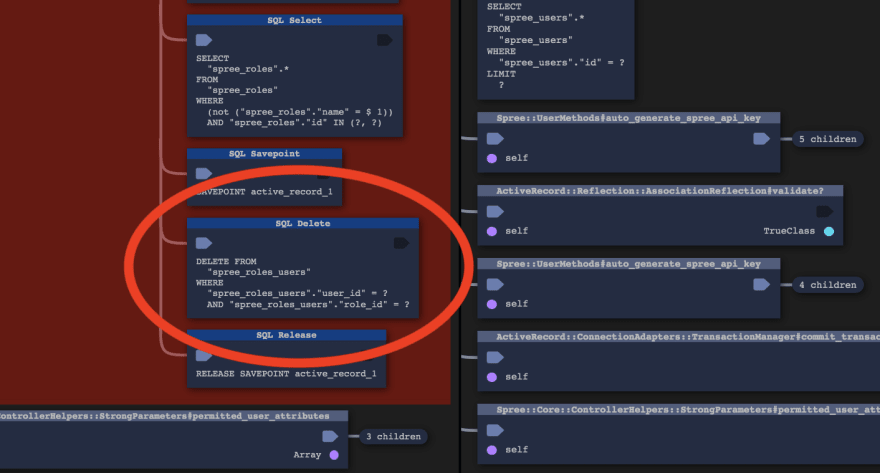 AppMap Trace Diff showing an SQL DELETE statement