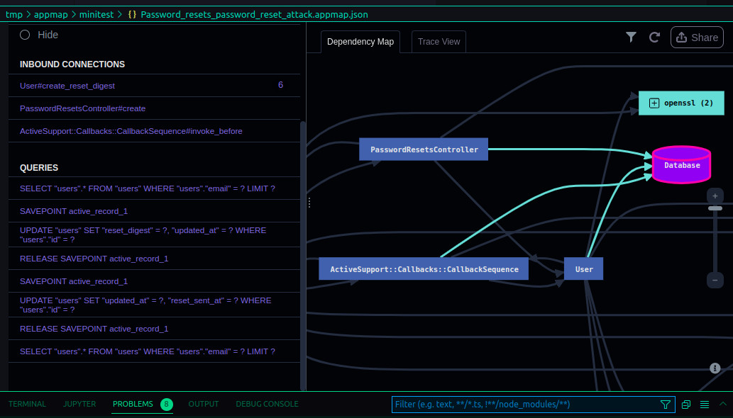 AppMap queries panel listing executed SQL statements with parameter placeholders.